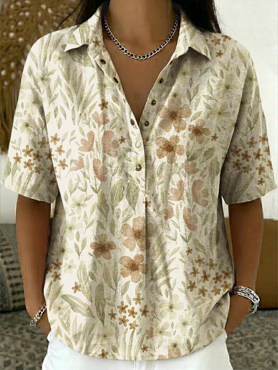 Women's Floral Print Casual Cotton-linen Shirt