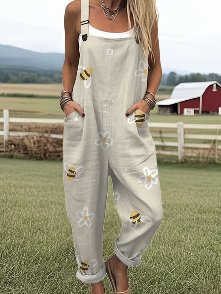 Women's Funny Bee Art Print Casual 100% Cotton Wide Leg Jumpsuit