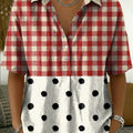 Women's Retro Color-block Plaid & Polka Dot Art Print Cotton-linen Short-sleeve Shirt