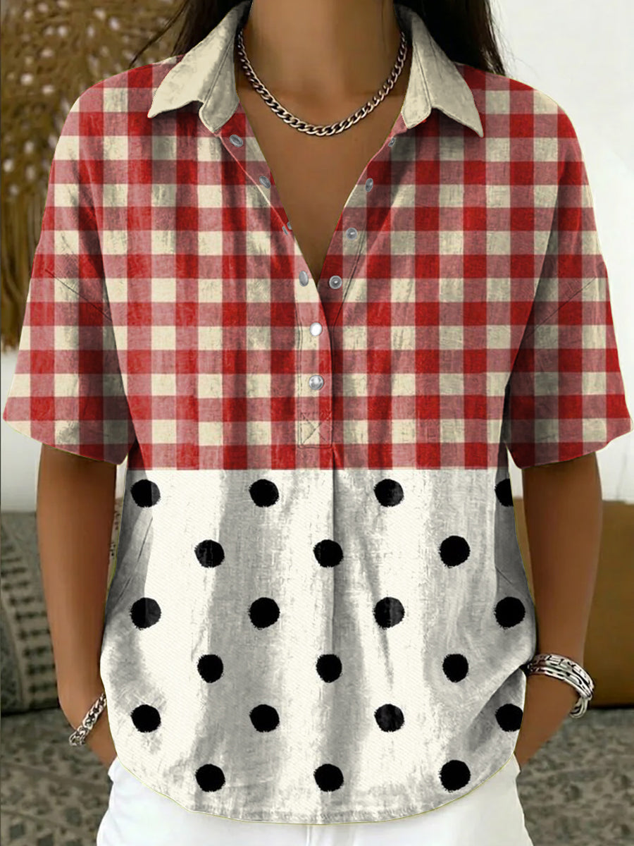 Women's Retro Color-block Plaid & Polka Dot Art Print Cotton-linen Short-sleeve Shirt