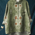 Damenbluse im Vintage-Stil mit ethnischem Blumenmuster aus Baumwolle und Leinen 