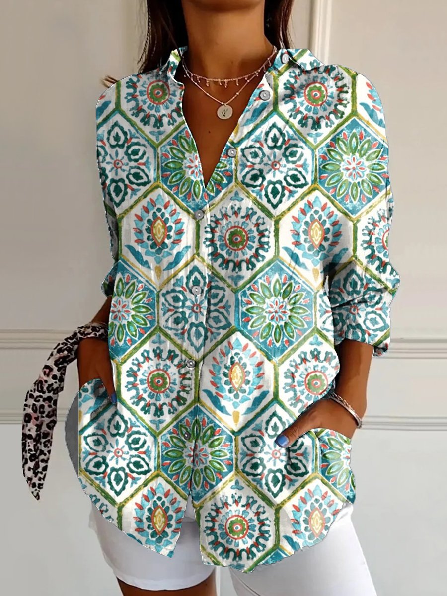 Women's Vintage Ethnic Pattern Art Print Casual Cotton Shirt