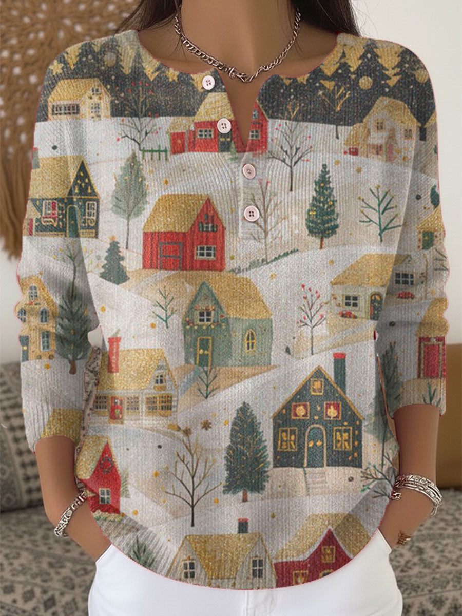 Vintage Christmas Art Print Buttoned Cardigan Sweater