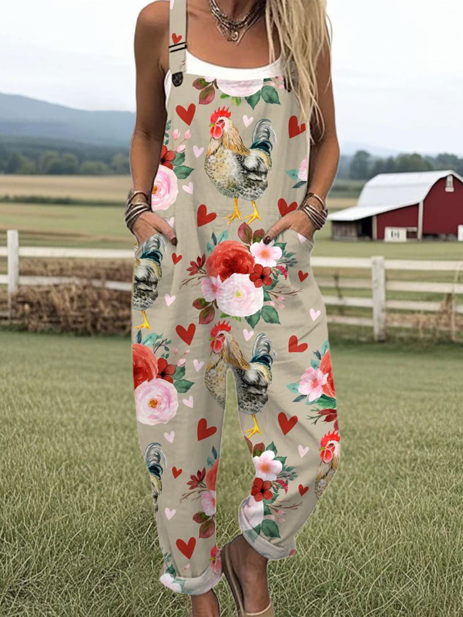 Women's Funny Flower Chick Art  Print Casual 100% Cotton Wide Leg Jumpsuit