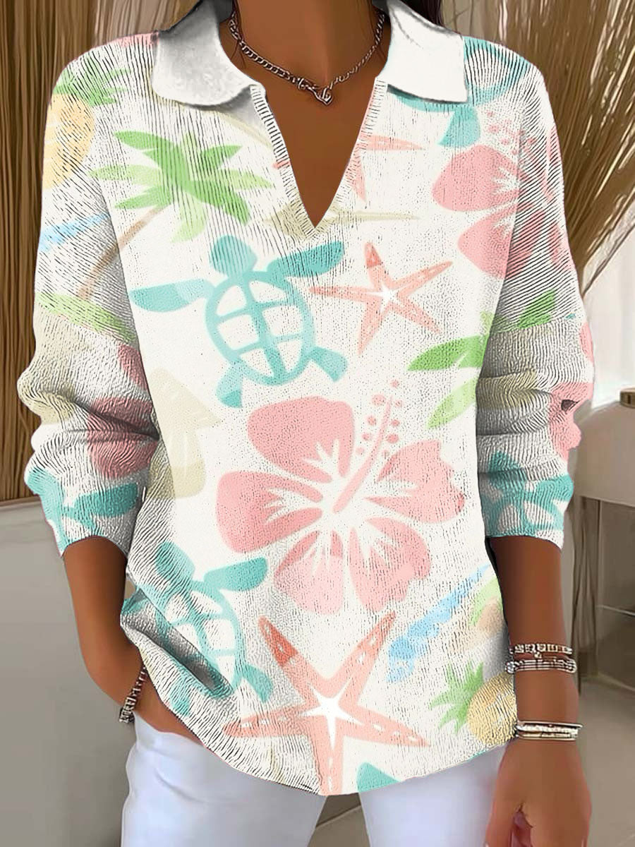 Women's Turtle Flower Starfish Printed Casual Sweater