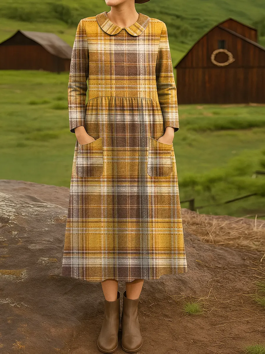 Women's Vintage Plaid Pattern Art Print Casual Cotton Dress