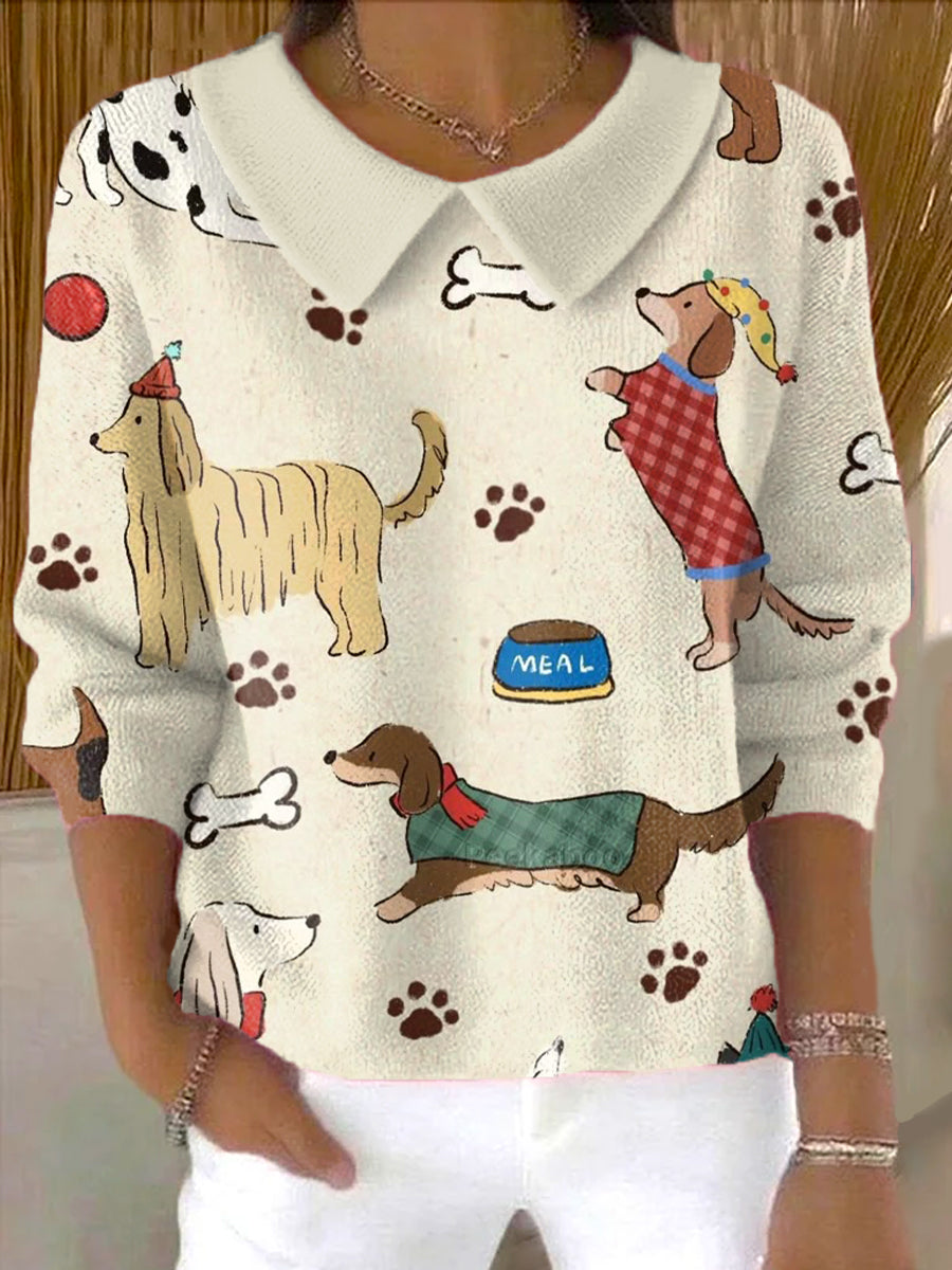 womens-cute-puppy-drawing-art-print-casual-peter-pan-collar-3-4-sleeve-sweater