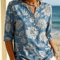 Women's Floral Pattern Art Print Casual Classic Henley Collar 100% Cotton T-shirt