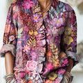 Women's Colorful Floral Painting Art Print Casual Cotton And Linen Ruffle Shirt