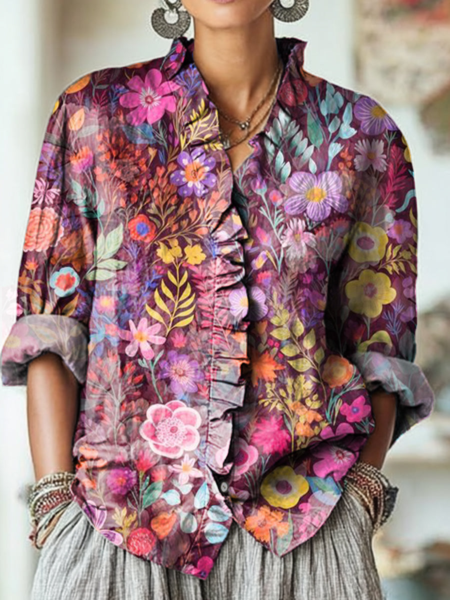 Women's Colorful Floral Painting Art Print Casual Cotton And Linen Ruffle Shirt