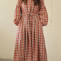 Women's Retro Loose Plaid Waist Drawstring Linen Dress