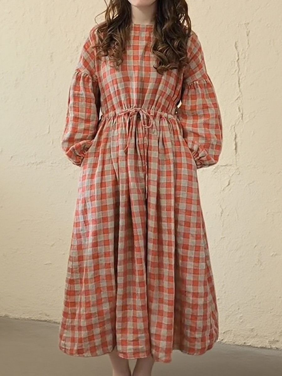 Women's Retro Loose Plaid Waist Drawstring Linen Dress