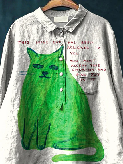 Chemise décontractée pour femme en coton et lin avec imprimé d'un motif humoristique de chat 