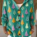 Women's Colorful Winter Christmas Tree Painting Art Print Casual Hooded Button Sweater