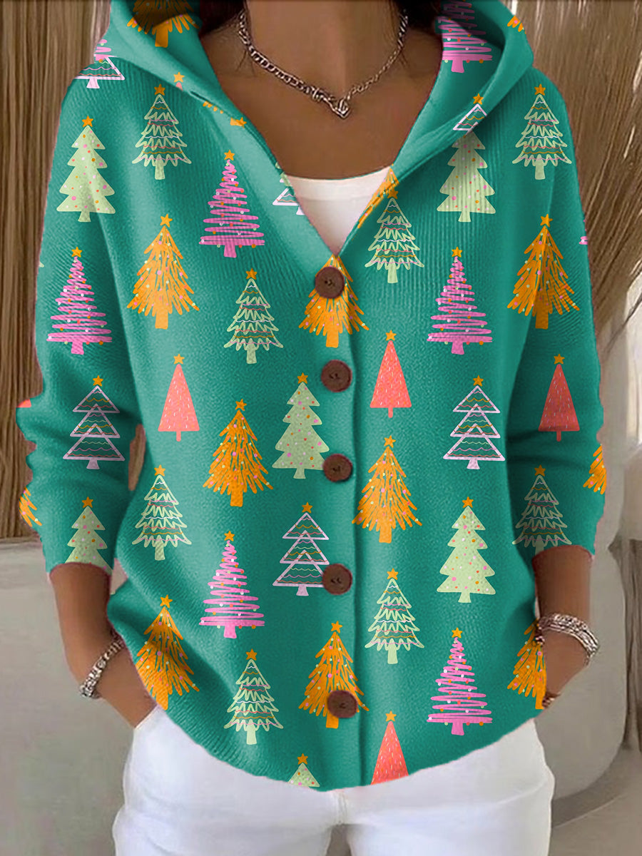 Women's Colorful Winter Christmas Tree Painting Art Print Casual Hooded Button Sweater