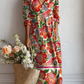 Women's Vintage Floral Art Print Causal Cotton Linen Pocket Dress