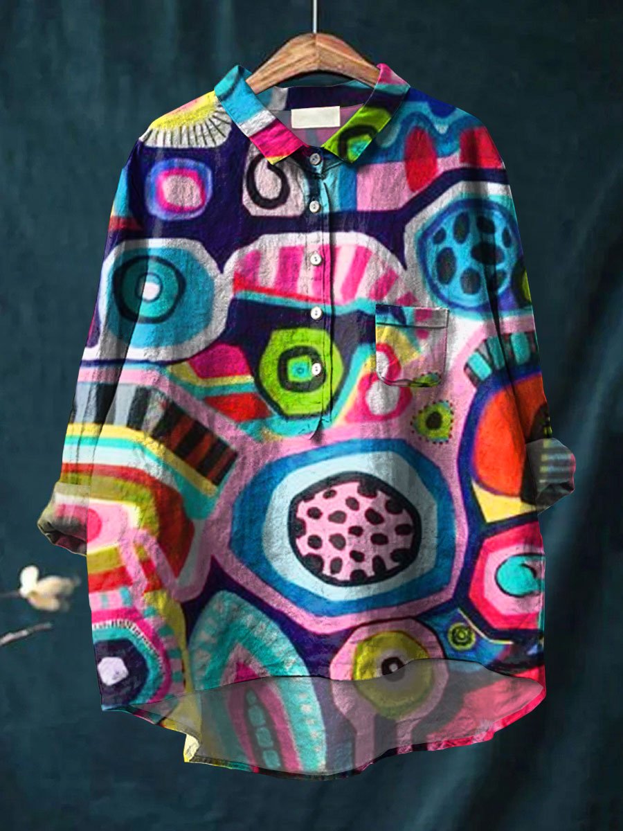 Abstrct Art Printed Women's Casual Cotton And Linen Shirt