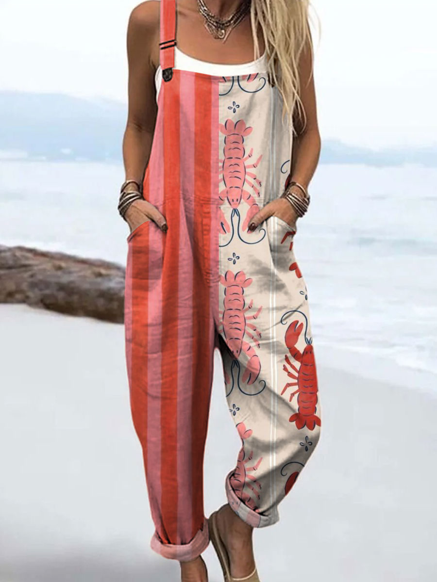 Women's Stripe and Lobster Art Print Casual 100% Cotton Wide Leg Jumpsuit