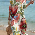 Women's Retro Color-block Floral Art Print Loose Cotton-linen Dress