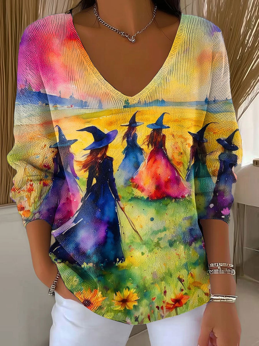 womens-watercolor-witch-halloween-casual-print-pullover-sweater