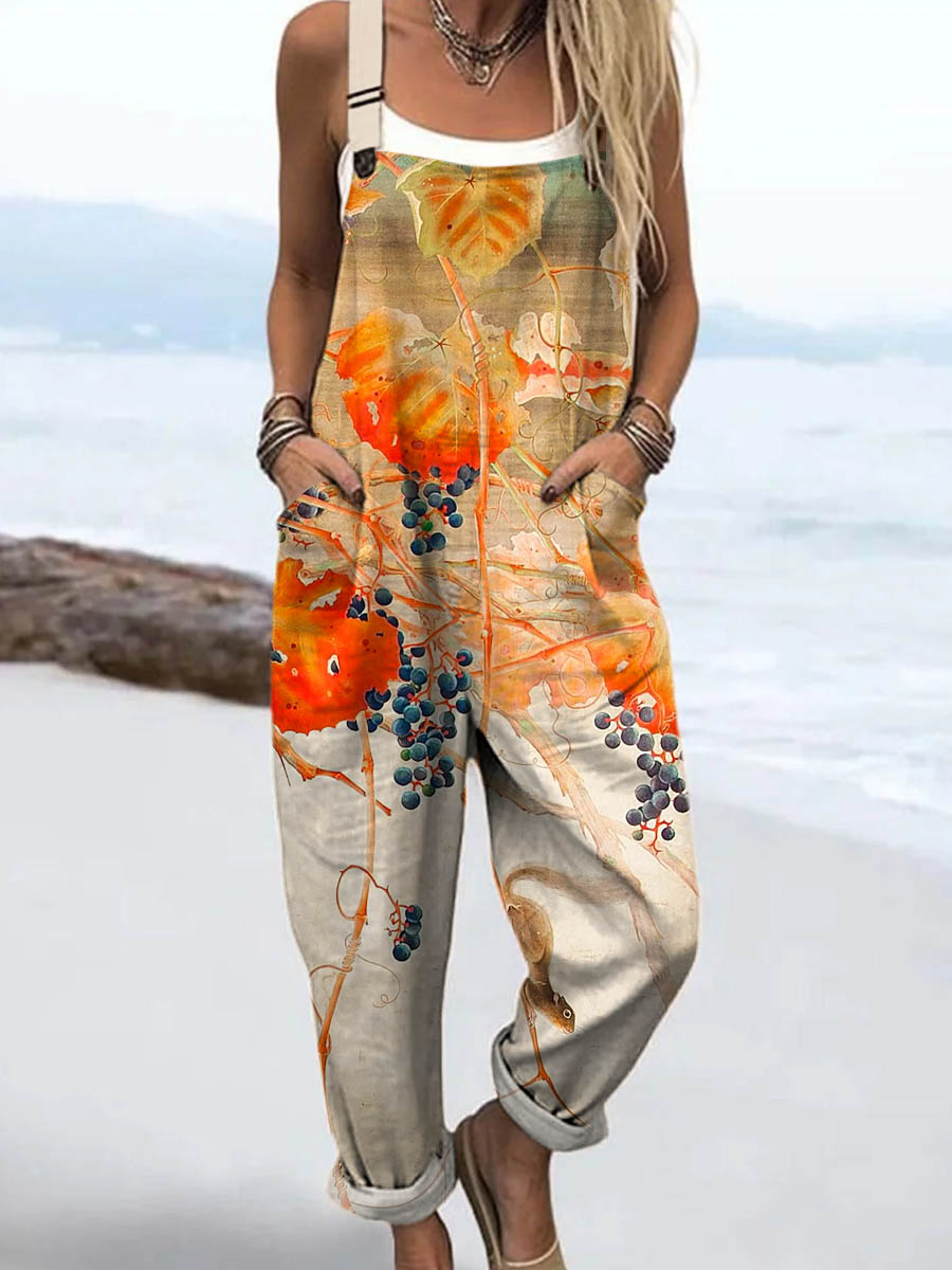Women's Vintage Floral Art Print Casual 100% Cotton Wide Leg Jumpsuit