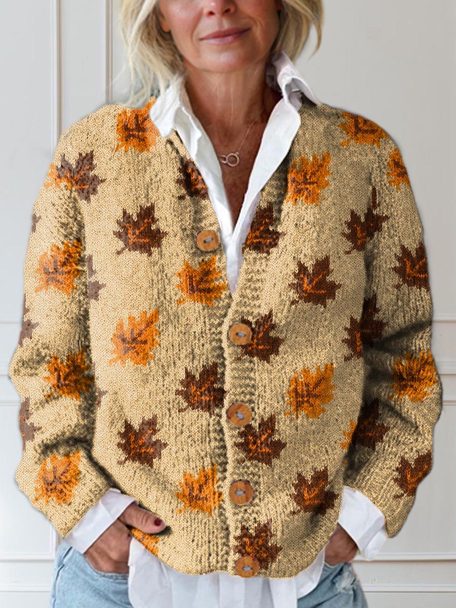 Women's Vintage Maple Pattern Art Print Buttoned Cardigan Sweater