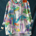 Women's Beautiful Colorful Floral Painting Art Print Casual Cotton And Linen Ruffle Shirt