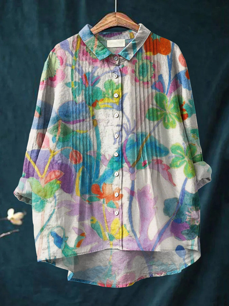 Women's Beautiful Colorful Floral Painting Art Print Casual Cotton And Linen Ruffle Shirt