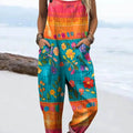 Women's Vintage Floral Pattern Art Print Casual 100% Cotton Wide Leg Jumpsuit