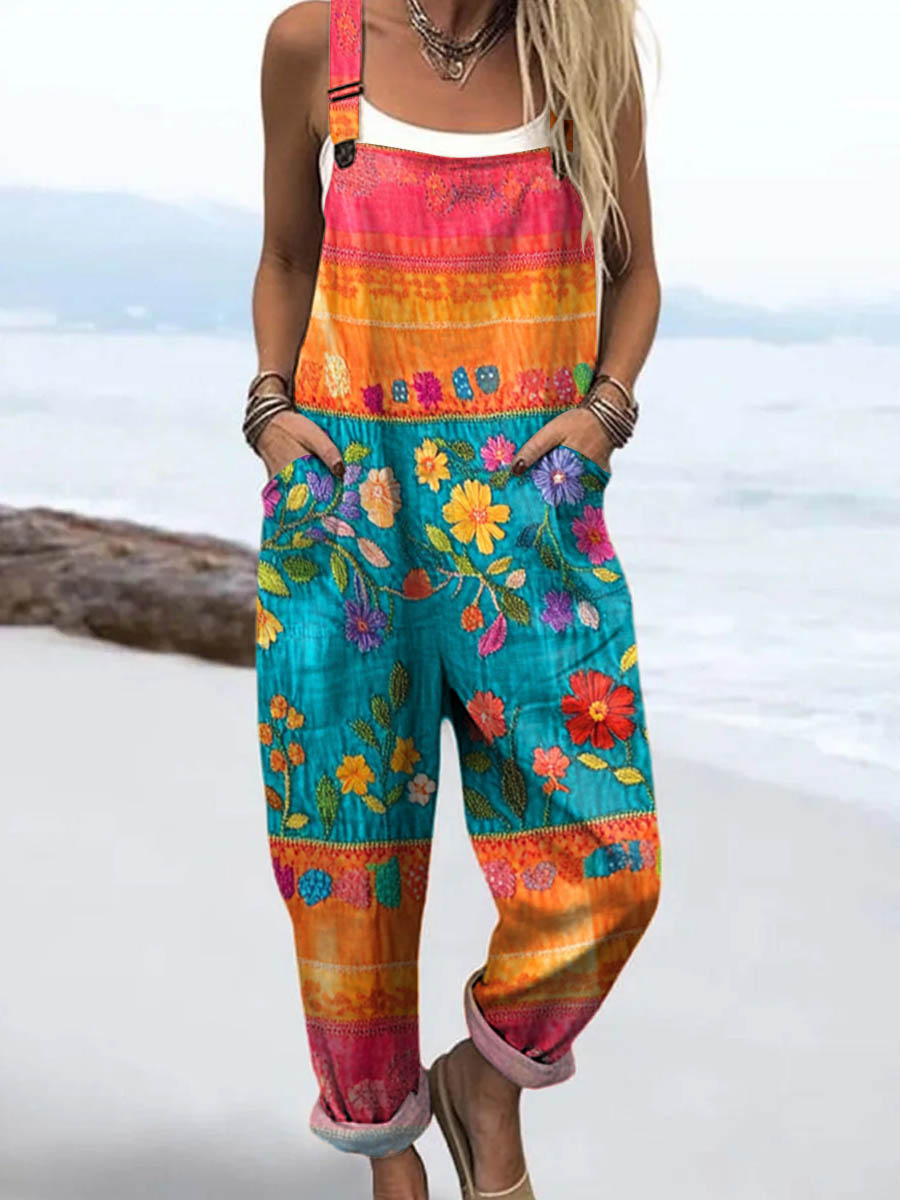 Women's Vintage Floral Pattern Art Print Casual 100% Cotton Wide Leg Jumpsuit