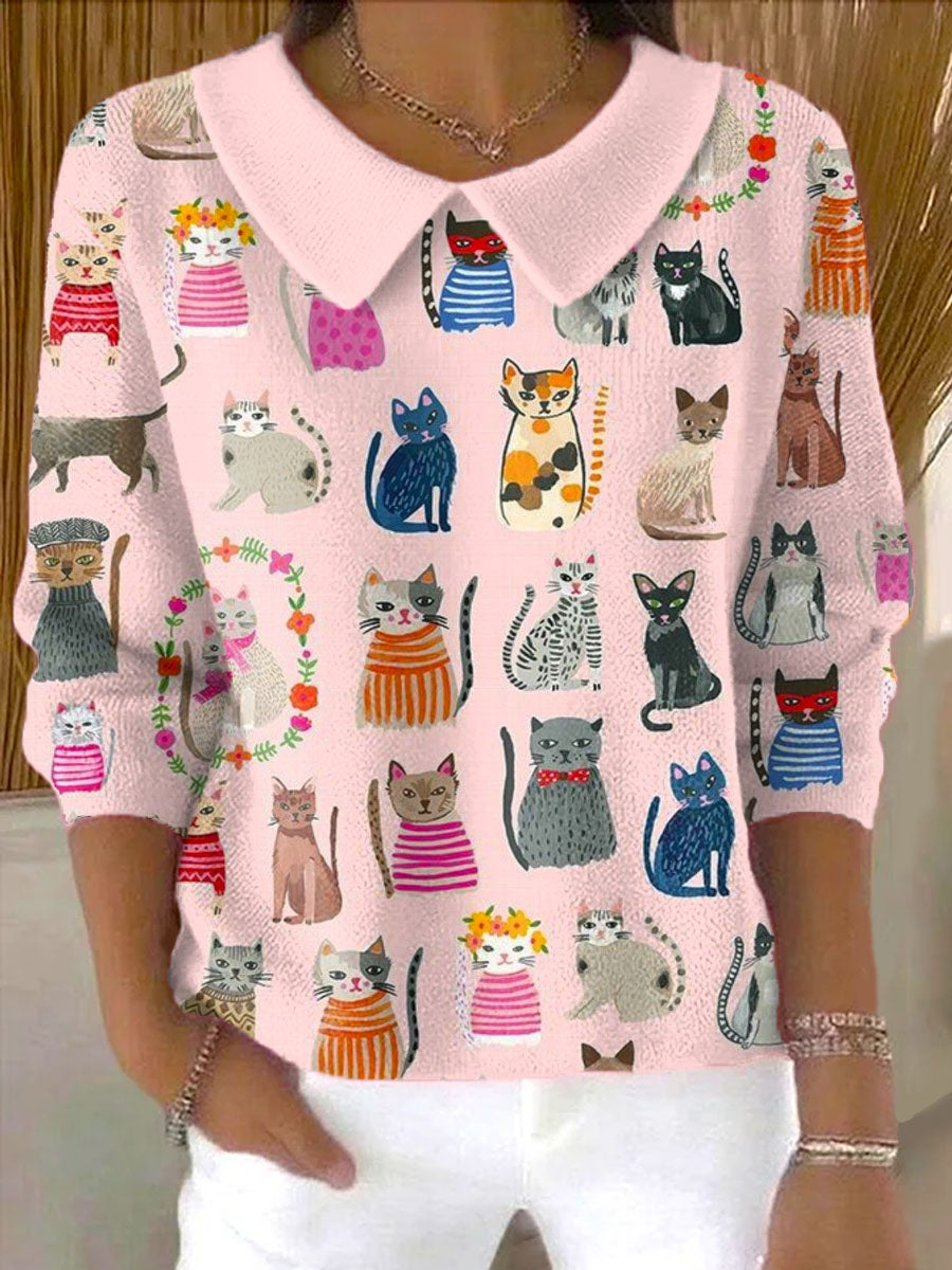 womens-lovely-cats-art-print-casual-peter-pan-collar-3-4-sleeve-sweater-l3gy