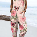 Women's Lovely Floral Butterfly Art Print Casual 100% Cotton Wide Leg Jumpsuit