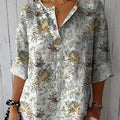 Woodland Animals And Floral Pattern Printed Women's Casual Cotton Linen Shirt