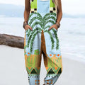 Women's Abstract Tropical Coconut Tree Illustration Art Print Casual 100% Cotton Wide Leg Jumpsuit