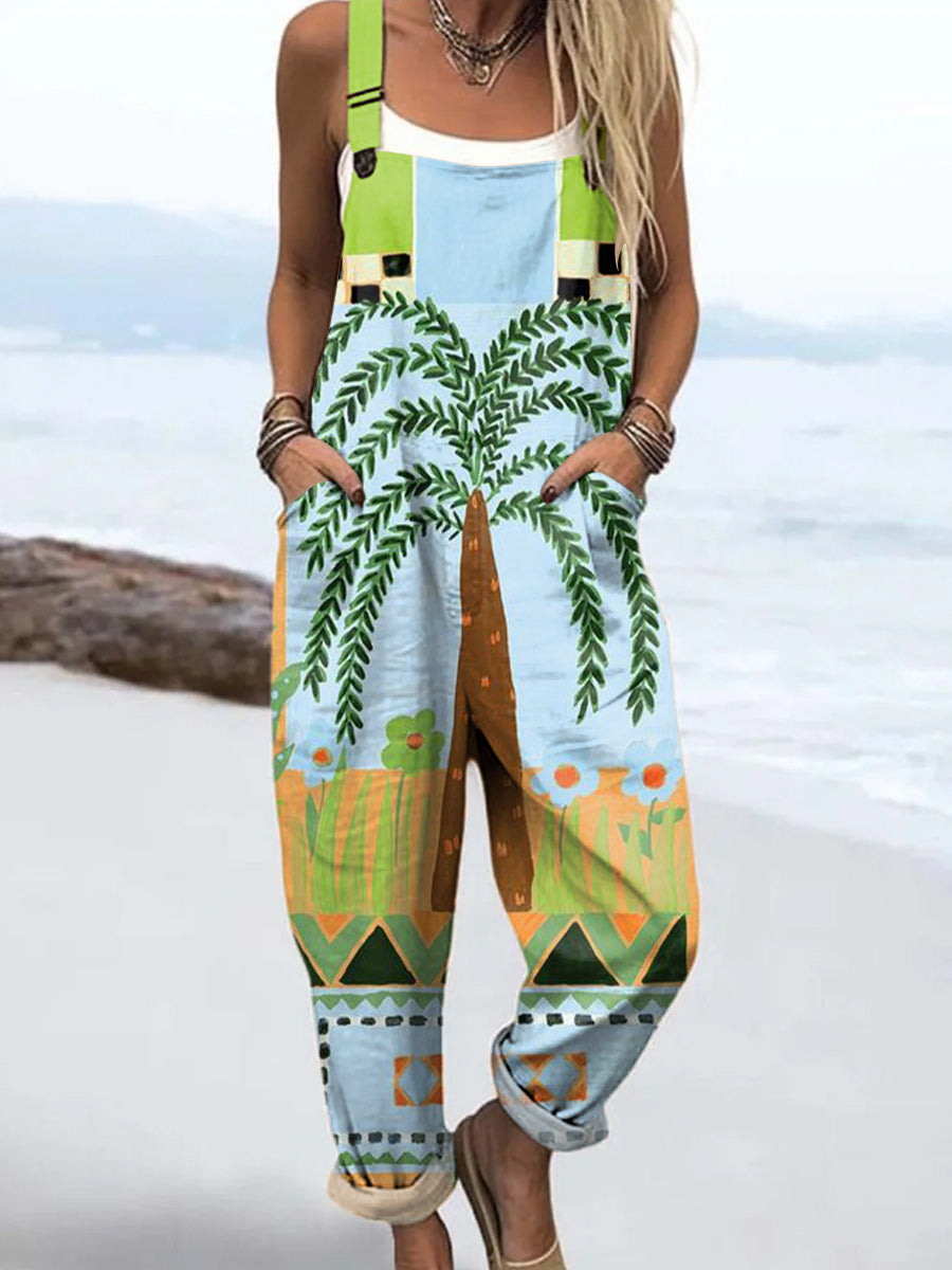 Women's Abstract Tropical Coconut Tree Illustration Art Print Casual 100% Cotton Wide Leg Jumpsuit
