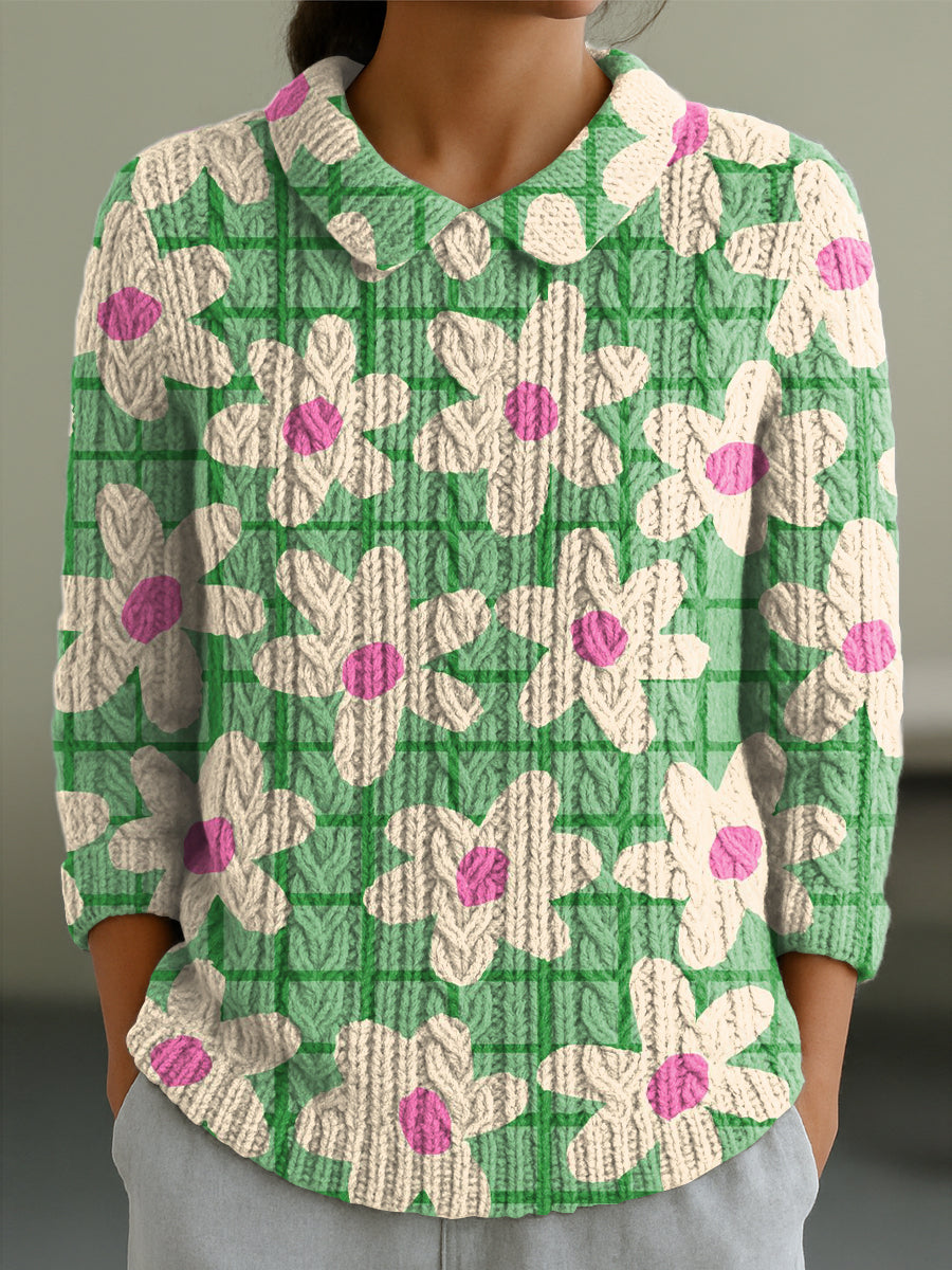 womens-beautiful-flower-painting-art-print-casual-peter-pan-collar-3-4-sleeve-sweater