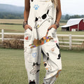 Women's Artistic Abstract Fun Cat Print Casual 100% Cotton Wide Leg Jumpsuit