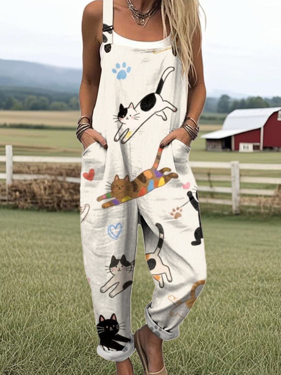 Women's Artistic Abstract Fun Cat Print Casual 100% Cotton Wide Leg Jumpsuit
