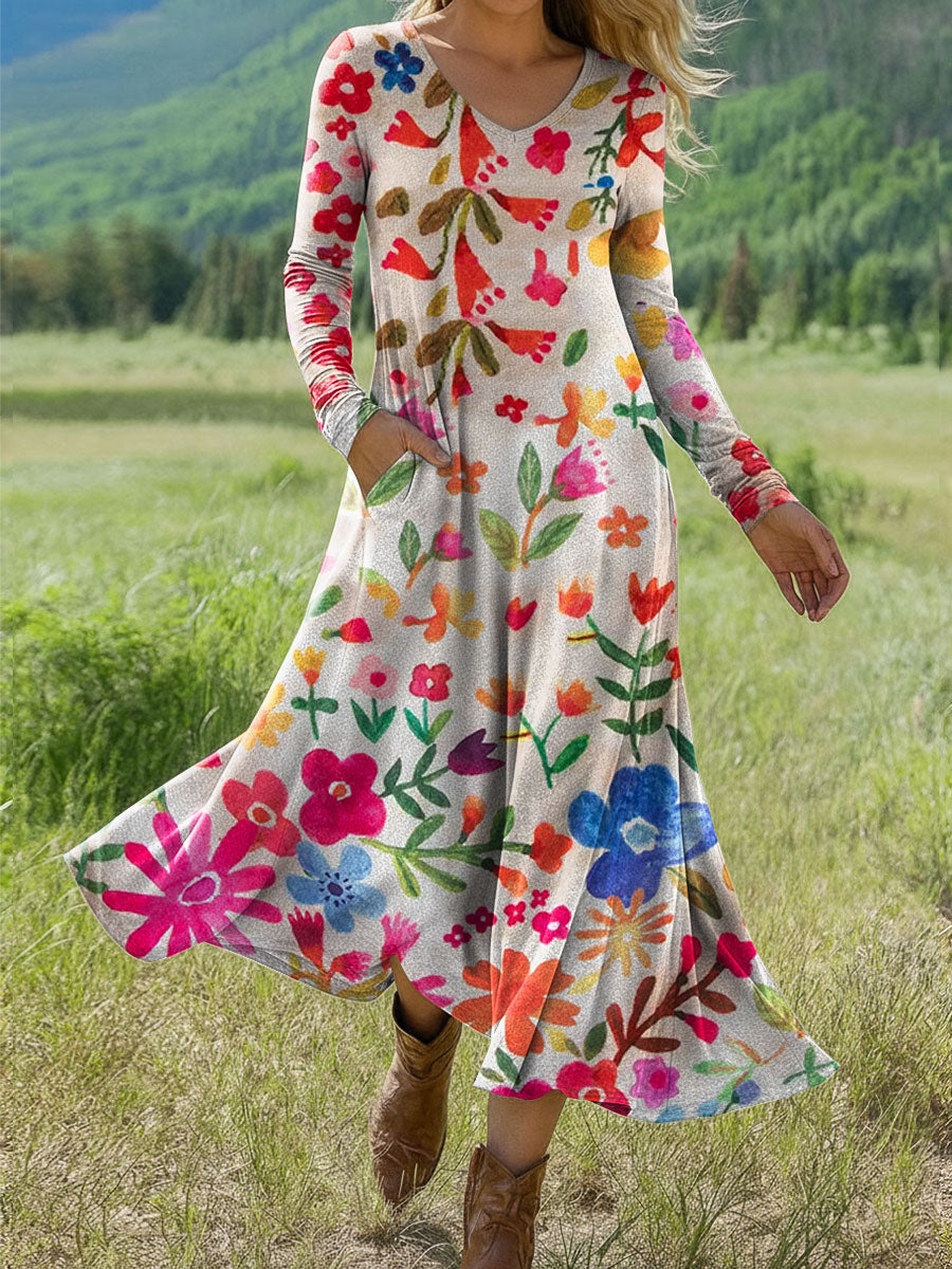 Women's Boho Floral Print Art Print Long-sleeved Dress