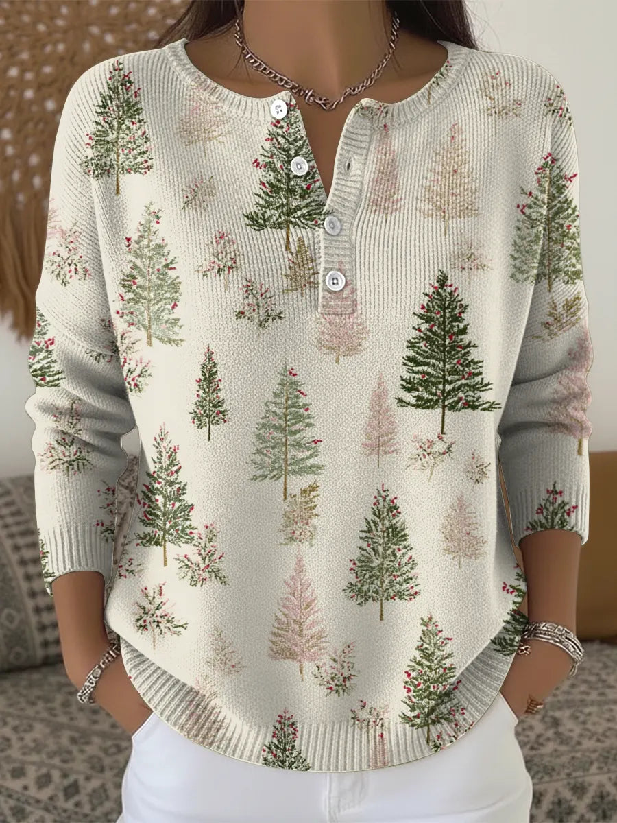 Christmas Tree Art Print Buttoned Cardigan Sweater