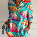 Women's Vintage Fish Art Print Casual Cotton Shirt