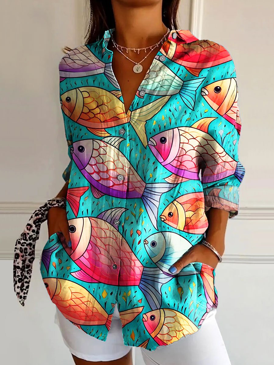 Women's Vintage Fish Art Print Casual Cotton Shirt