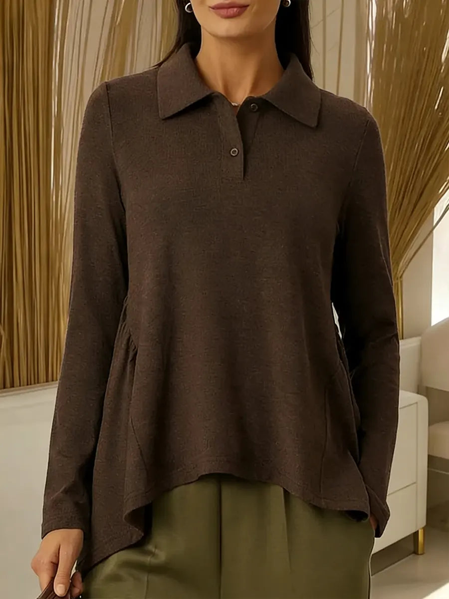 Women's Solid Color Shirt Collar Long-sleeved Casual Loose Top With Irregular Hem.