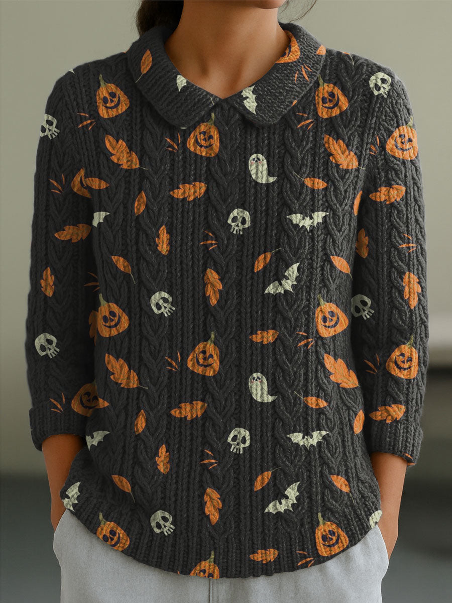 womens-casual-peter-pan-collar-black-halloween-pattern-3-4-sleeve-sweater