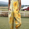 Women's Lovely Sunflower Art Print Casual 100% Cotton Wide Leg Jumpsuit