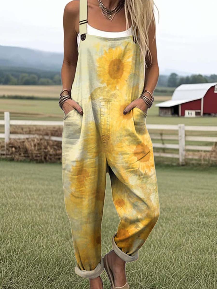 Women's Lovely Sunflower Art Print Casual 100% Cotton Wide Leg Jumpsuit
