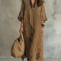 Women's Retro Plaid Art Casual Stylish Cotton Linen Maxi Dress