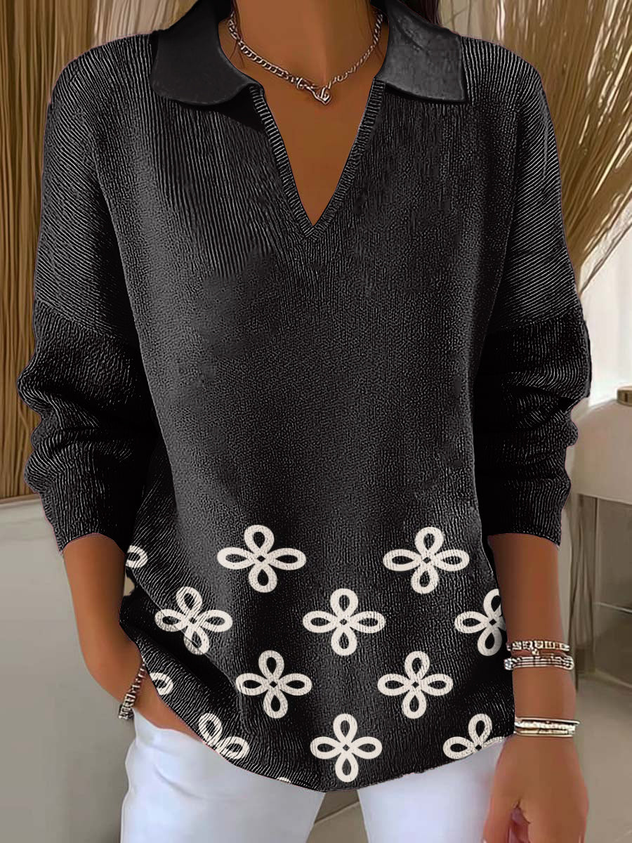 Women's Black Line Flowers Printed Casual Sweater