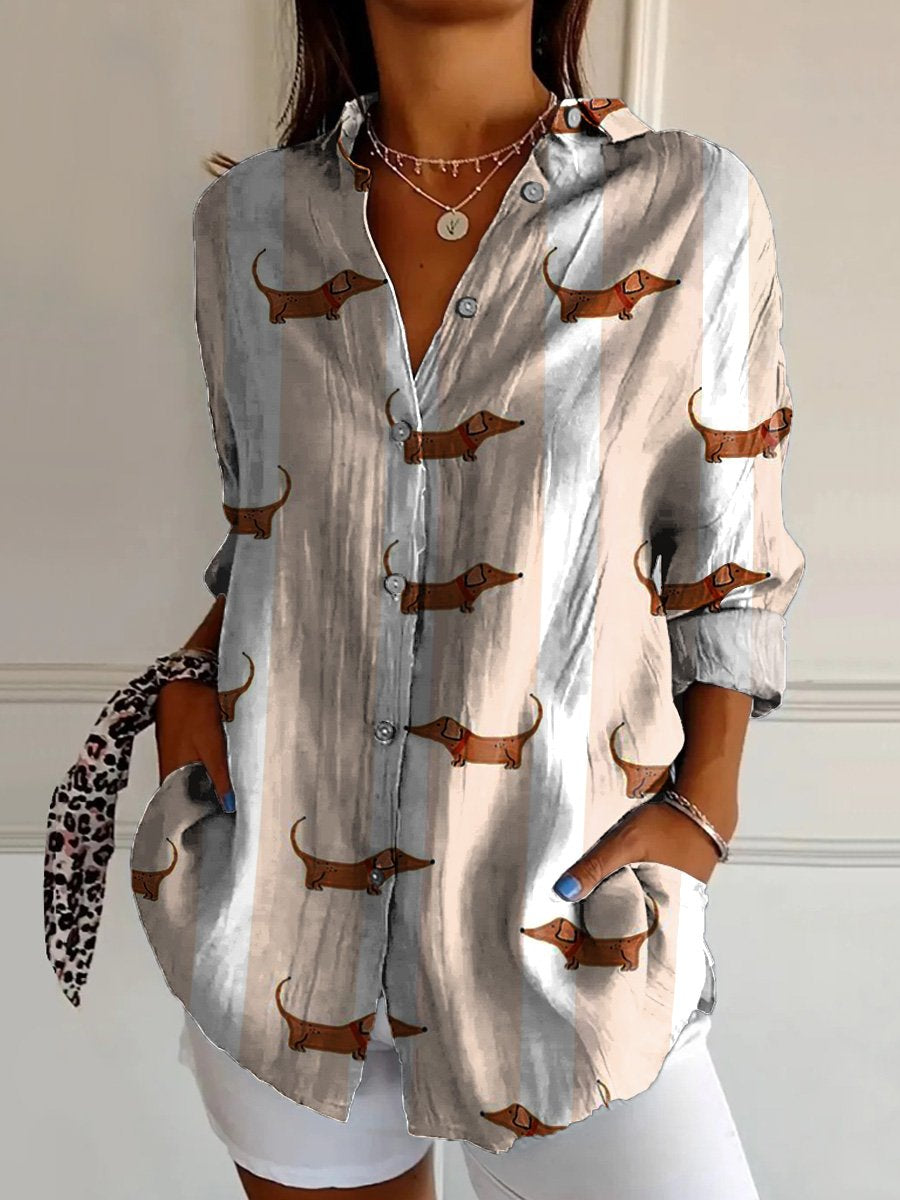 Petite Dachshund Dog Pattern Printed Women's Casual Cotton Shirt