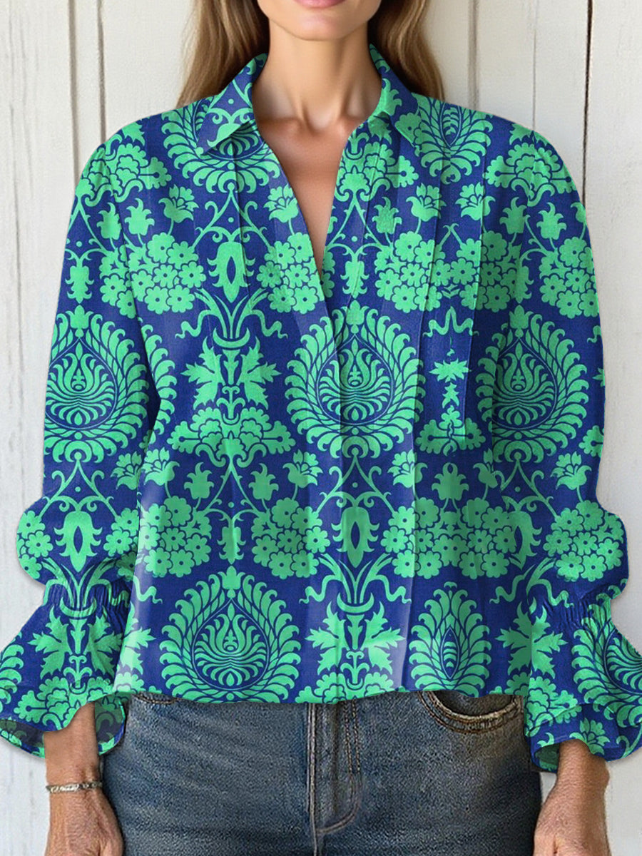 Women's  Vintage Flower Art Print Casual  Cotton And Linen Shirt